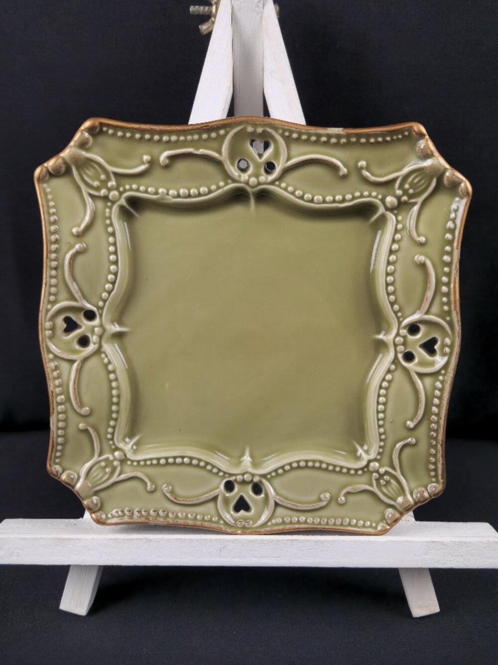 Green Ceramic Square Plate, Reticulated Hearts, Gold Color Trim Relief, Portugal